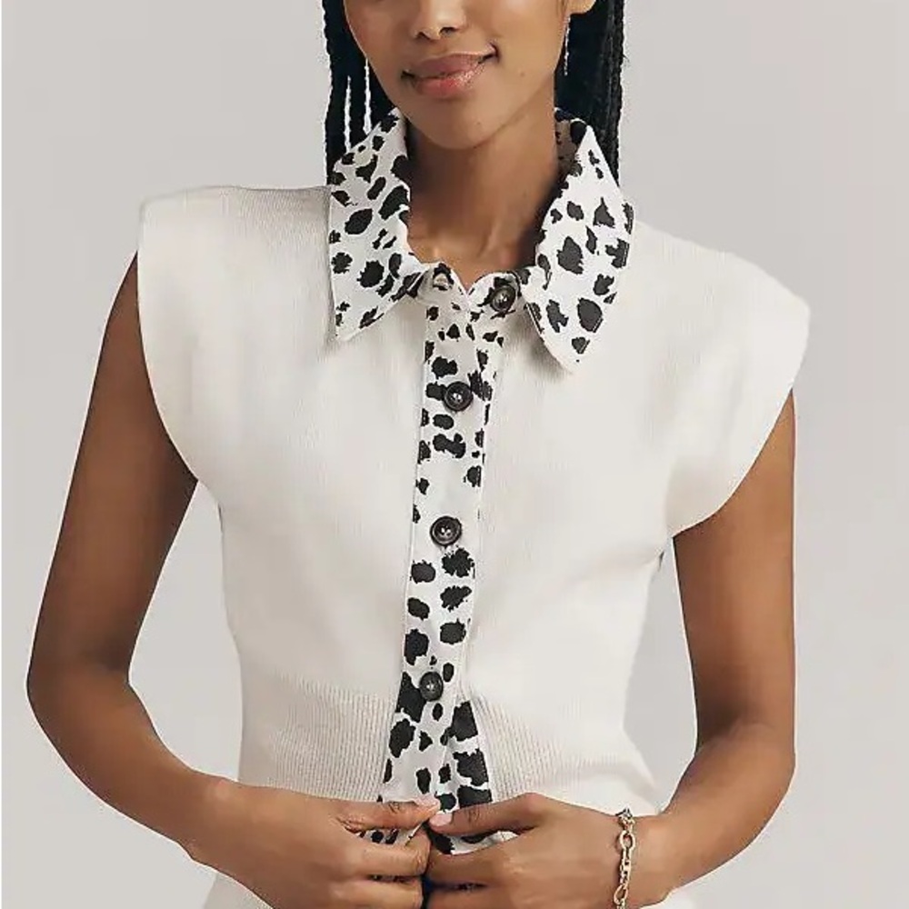 Maeve White Sleeveless Knit Button-Down with cow print Trim